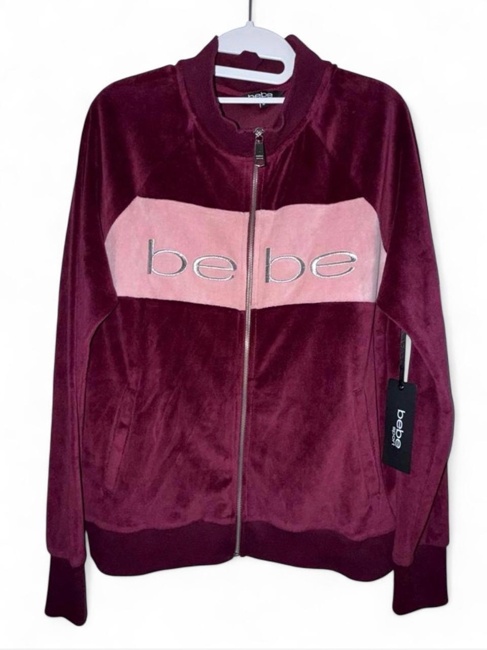 bebe Burgundy and Pink Velour Zip-Up Jacket